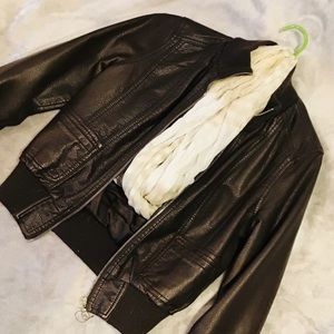 Faux leather bomber jacket and scarf